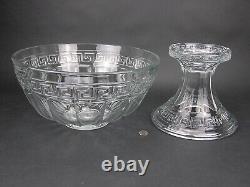 Antique Signed Heisey Glass Punch Bowl on Stand with 8 Cups GREEK KEY