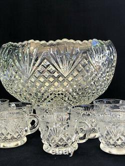 Antique U. S. Glass #15041 clear pressed glass punch set PINEAPPLE & FAN c. 1895