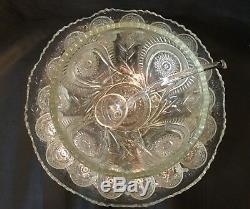 Antique US Glass Co EAPG Slewed Horseshoe Radiant Daisy Punch Bowl Set