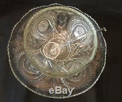 Antique US Glass Co EAPG Slewed Horseshoe Radiant Daisy Punch Bowl Set