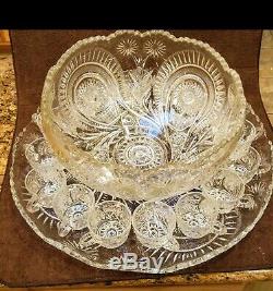 Antique US Glass Co EAPG Slewed Horseshoe Radiant Daisy Punch Bowl Set 19 cups