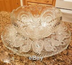 Antique US Glass Co EAPG Slewed Horseshoe Radiant Daisy Punch Bowl Set 19 cups