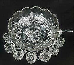 Antique US Glass Manhattan Clear Punch Bowl With 24 Matching Cups & Glass Ladle
