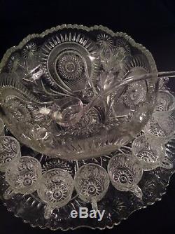 Antique US Glass Slewed Horseshoe Punch Bowl, Underplate, 18 Cups & Glass Ladle