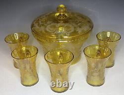 Antique Vintage 20th C. Bohemian Yellow Etched Glass Punch Wine Bowl 5 Five Cups
