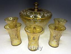 Antique Vintage 20th C. Bohemian Yellow Etched Glass Punch Wine Bowl 5 Five Cups