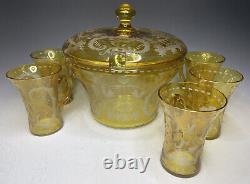 Antique Vintage 20th C. Bohemian Yellow Etched Glass Punch Wine Bowl 5 Five Cups