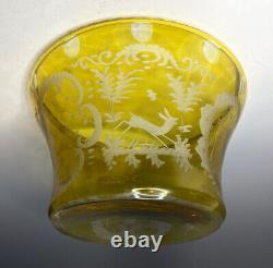 Antique Vintage 20th C. Bohemian Yellow Etched Glass Punch Wine Bowl 5 Five Cups