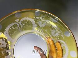 Antique Vintage 20th C. Bohemian Yellow Etched Glass Punch Wine Bowl 5 Five Cups