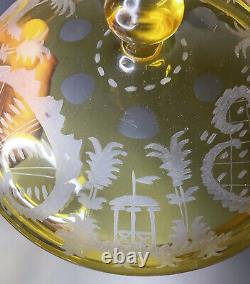 Antique Vintage 20th C. Bohemian Yellow Etched Glass Punch Wine Bowl 5 Five Cups