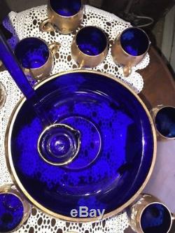 Antique Vintage Czech Bohemian Cobalt Gilded Glass Covered Punch Bowl 12 Cups