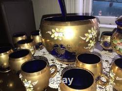 Antique Vintage Czech Bohemian Cobalt Gilded Glass Covered Punch Bowl 12 Cups