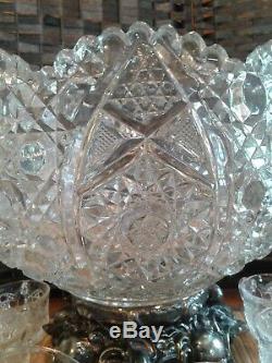 Antique Vintage L. Smith Pressed Glass Daisy And Button Punchbowl Gold Stand