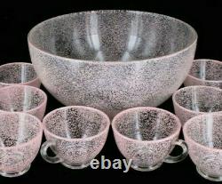 Antique Vintage Mid Century Modern Pink Glass Bowl Punch Set Splatter Art Set