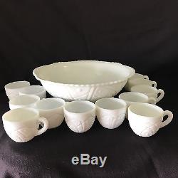 Antique Vintage Milk Glass Highly Detailed Punch Bowl And 12 Cups