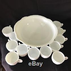 Antique Vintage Milk Glass Highly Detailed Punch Bowl And 12 Cups