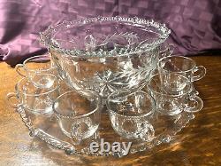 Antique Vintage PADEN CITY Punch Set Glass Etched Bowl Cups Underplate