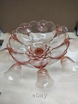 Antique Vintage Pink Pedestal 13 pc. Punch Bowl Set, Likely McKee Colonial Pink