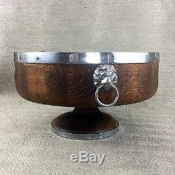 Antique Wooden Fruit Bowl Oak Lion Mask Handles Glass Dish Centerpiece Punch