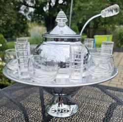 Art Deco Chrome Punch Bowl Set SATURN Lucite Handles 12 Glasses LEHMAN 1930s