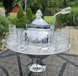 Art Deco Chrome Punch Bowl Set SATURN Lucite Handles 12 Glasses LEHMAN 1930s