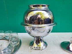 Art Deco Chrome SATURN Punch Bowl Set Lucite Handles 11 Glass Cups LEHMAN 1930s