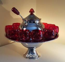 Art Deco Chrome and Ruby Glass Saturn Punch Set (Lehman Bros. 1930s)