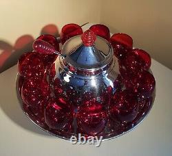 Art Deco Chrome and Ruby Glass Saturn Punch Set (Lehman Bros. 1930s)