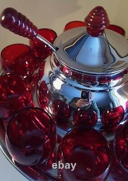 Art Deco Chrome and Ruby Glass Saturn Punch Set (Lehman Bros. 1930s)