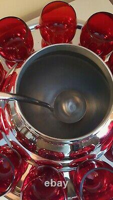 Art Deco Chrome and Ruby Glass Saturn Punch Set (Lehman Bros. 1930s)