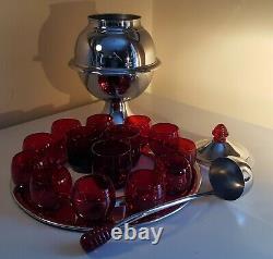 Art Deco Chrome and Ruby Glass Saturn Punch Set (Lehman Bros. 1930s)