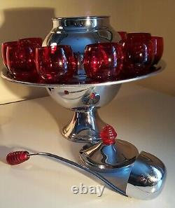 Punch Bowl Art Deco Atomic Age  Retro Keyston Ware Saturn Ring Chrome Plated wruby Red Glasses & Ladle