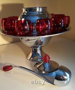 Art Deco Chrome and Ruby Glass Saturn Punch Set (Lehman Bros. 1930s)