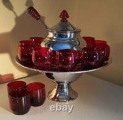 Art Deco Chrome and Ruby Glass Saturn Punch Set (Lehman Bros. 1930s)