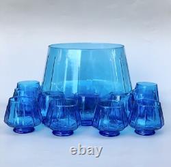 Art Deco Geometric Glass Blue Punch Bowl 12 Piece Empoli