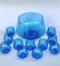 Art Deco Geometric Glass Blue Punch Bowl 12 Piece Empoli