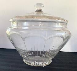 Art Deco Punch Bowl Lid 10 Cups Hand Blown Etched Cut Glass Scalloped Design