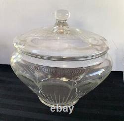 Art Deco Punch Bowl Lid 10 Cups Hand Blown Etched Cut Glass Scalloped Design