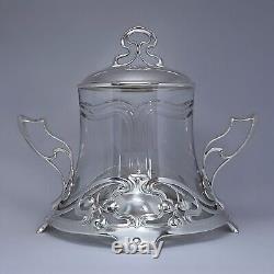 Art Nouveau Jugendstil Silverplate Pewter Crystal Glass Punch Bowl 1900