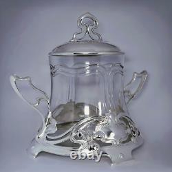 Art Nouveau Jugendstil Silverplate Pewter Crystal Glass Punch Bowl 1900
