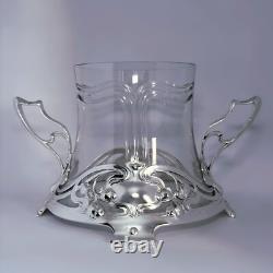 Art Nouveau Jugendstil Silverplate Pewter Crystal Glass Punch Bowl 1900