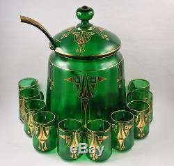 Art Nouveau glass punch set for 10 with bowl, gilt, handpainted, glass ladle