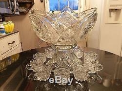 Awesome Antique Punch bowl on Rasied Base with 10 Matching Cups and Ladle
