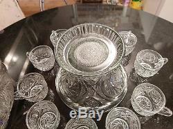 Awesome Antique Punch bowl on Rasied Base with 10 Matching Cups and Ladle