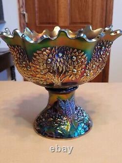 Awesome Blue Fenton Orange Tree Pattern Carnival Glass Punch Bowl & Base