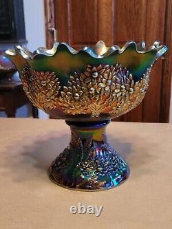 Awesome Blue Fenton Orange Tree Pattern Carnival Glass Punch Bowl & Base