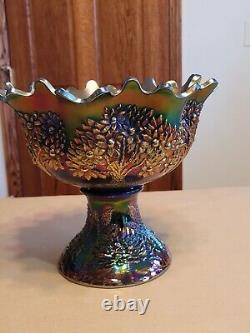 Awesome Blue Fenton Orange Tree Pattern Carnival Glass Punch Bowl & Base