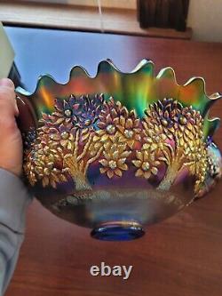 Awesome Blue Fenton Orange Tree Pattern Carnival Glass Punch Bowl & Base