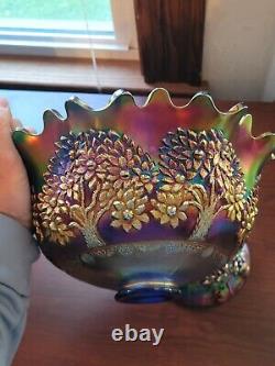 Awesome Blue Fenton Orange Tree Pattern Carnival Glass Punch Bowl & Base