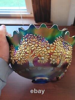 Awesome Blue Fenton Orange Tree Pattern Carnival Glass Punch Bowl & Base